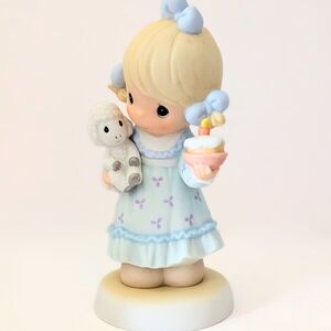 Vintage Precious Moments Figurine | Girl with Lamb, Birthday Cupcake